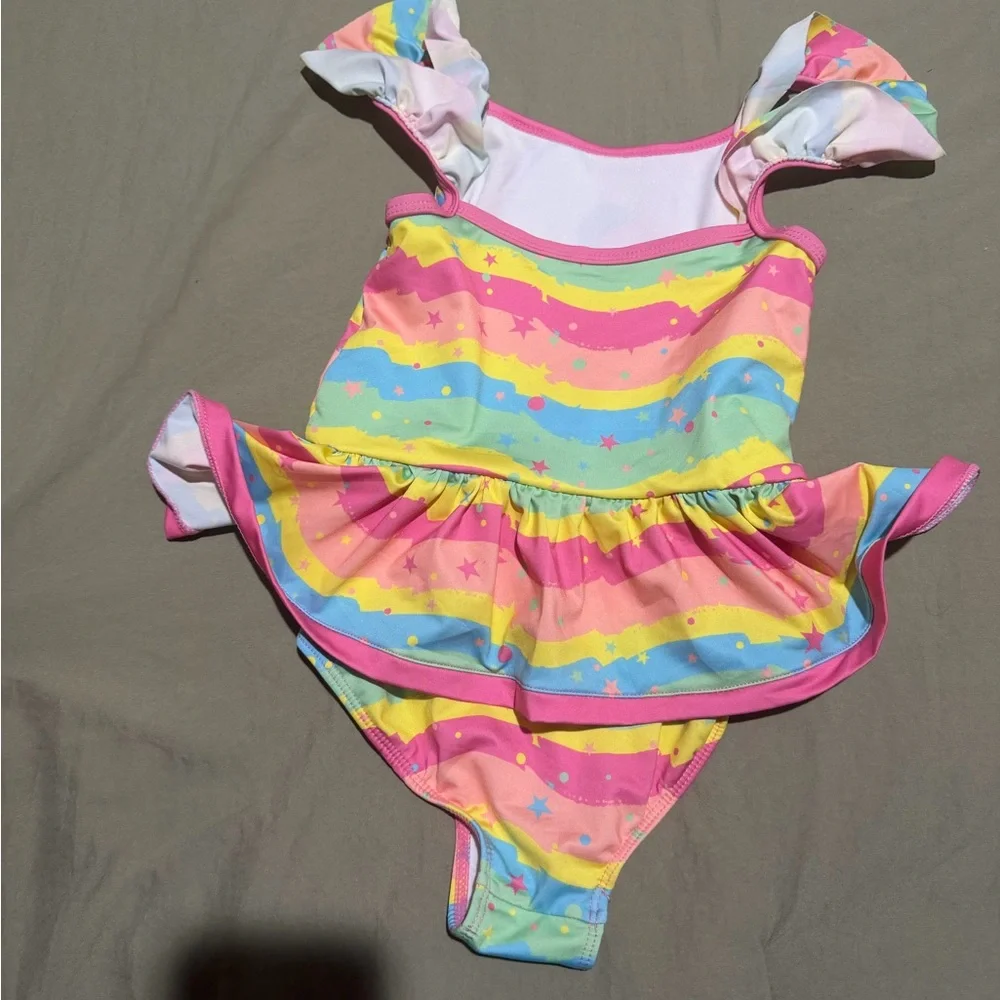 Disney Minnie Mouse Rainbow Stripe Ruffle One-Piece Swimsuit - Pink